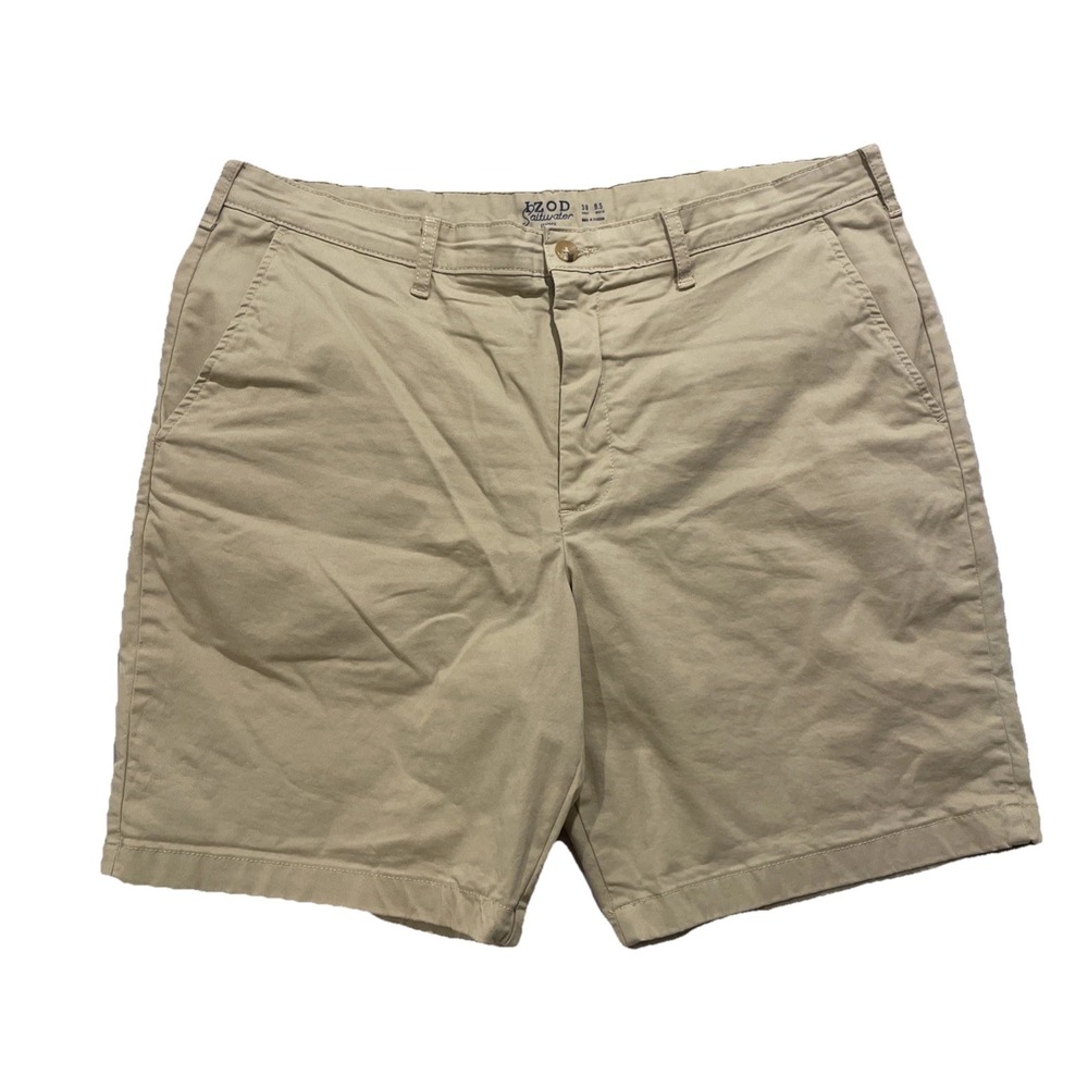 Izod Saltwater STRETCH 38x9.5 KHAKI Classic Cotton‎ Shorts Mens EUC Fast Ship